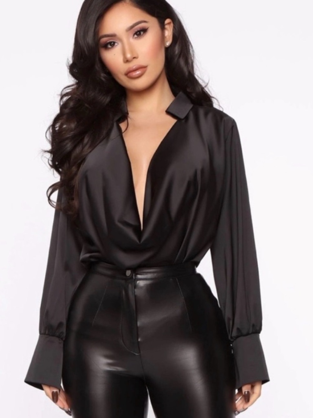 Fashion Nova Black Satin Plunge Collar Blouse